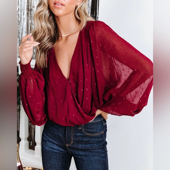 NWT Dorinda Balloon Sleeve Burgundy Bodysuit | Size XS - Picture 5 of 5